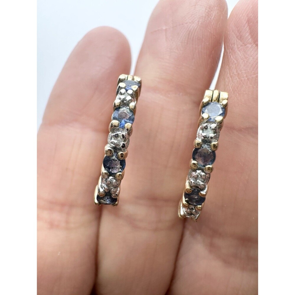 Ross Simons Sterling Silver Gold Vermeil Blue Topaz Diamond Hoop Earrings
